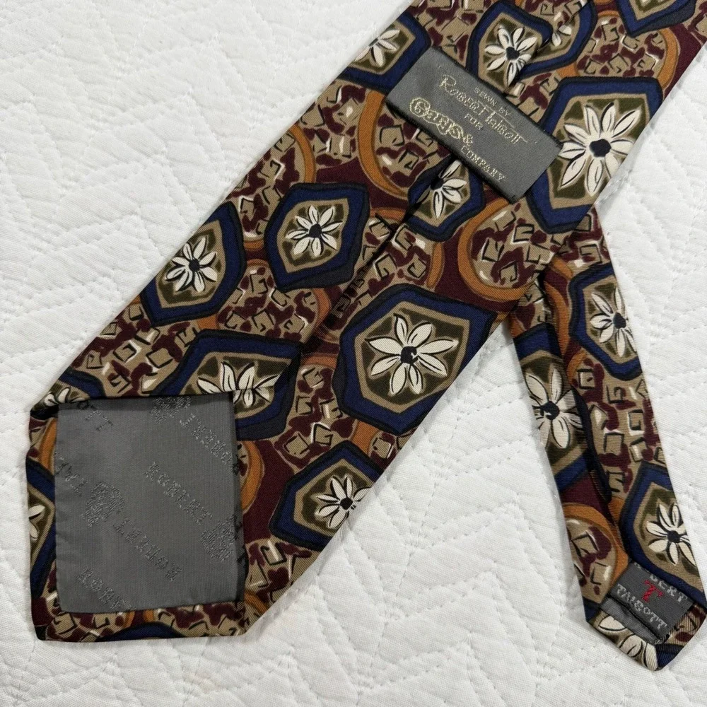 Robert Talbott Mens 100% Silk Tie Geometric Floral Burgundy‎ Gold Blue USA Made